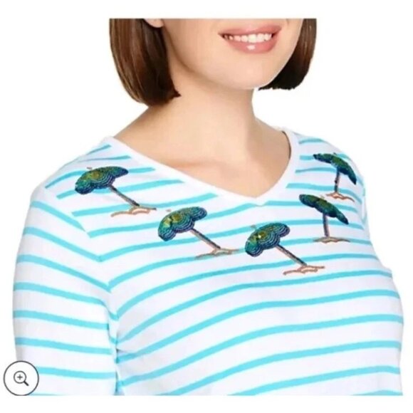 Quacker Factory Sequin Beach Umbrella Striped Top Size XL White/Blue Worn Once - Picture 2 of 9